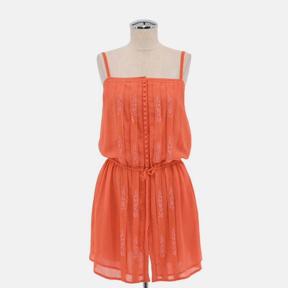 JOIE Womens Embroidered Silk‎ Dress Size S Orange Boho Sleeveless Pin Tuck Lined